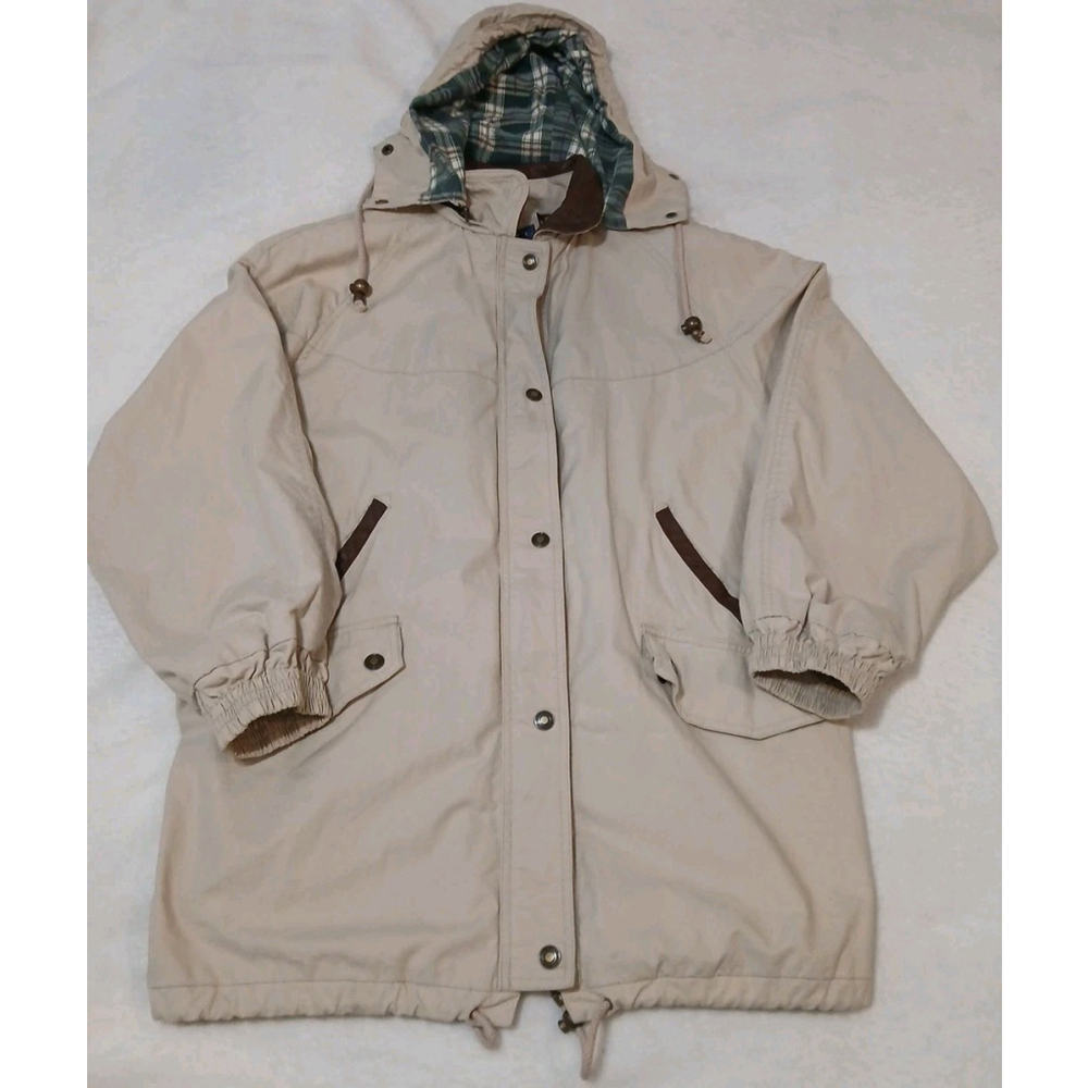 Vtg 90s Parka Barn Gorpcore Coat Women Med Leather Trim Flannel Lining